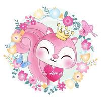 Cute little pink squirrel and flower watercolor design vector
