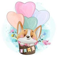 Cute corgi flying with air balloon vector