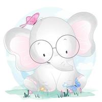 Sweet little elephant with glasses and butterflies vector