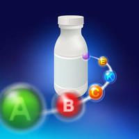Blank white plastic pill bottle with vitamin symbols vector