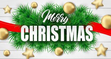 Merry Christmas design with christmas tree branches and ornaments on white wood vector