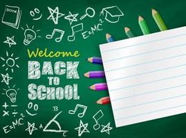 Back to school design with colorful pencils and paper on chalkboard vector