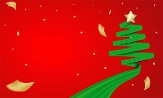 Diseño navideño con cinta verde árbol de navidad y confeti de papel dorado vector