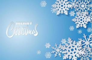 Merry Christmas design with paper art style white snowflakes blue vector