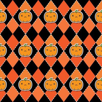Seamless halloween pattern with pumpkins on argyle black and orange background.