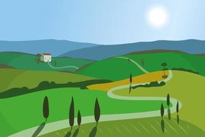 Paisaje con montañas y colinas. Toscana, fondo de recreación al aire libre. vector