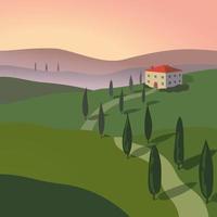 Paisaje con montañas y colinas. Toscana, fondo de recreación al aire libre. vector