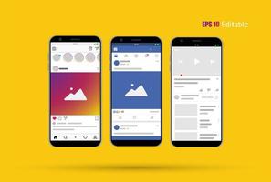 Nuevas redes sociales modernas, publicación y maqueta de página de inicio con teléfono inteligente y fondo editable vector