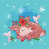 Linda tarjeta de Navidad con ciervos de dibujos animados vector