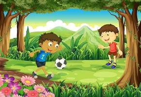 Un bosque con dos niños jugando fútbol vector