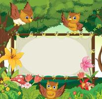 Frame template with three owls flying in jungle vector