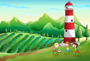 A farm with children playing near the tower vector