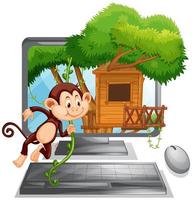 Computer screen with monkey playing at treehouse vector