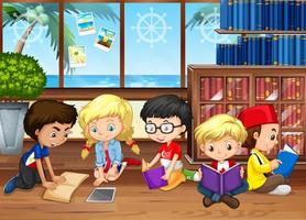 Children reading books in the library vector