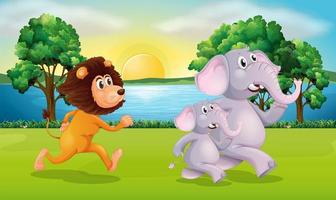 Lion and elephants running in park vector