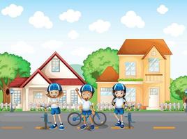 Three cute bikers at the road vector