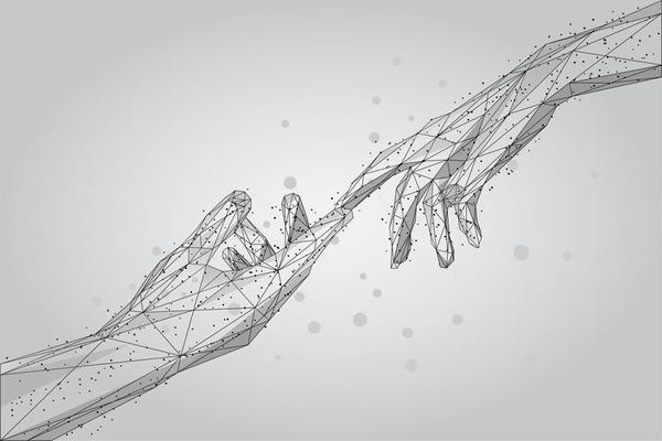 Low poly wireframe human hands touching with fingers 