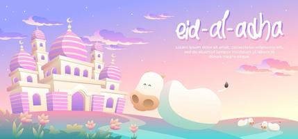 Eid Al Adha con vacas felices en la tarde vector