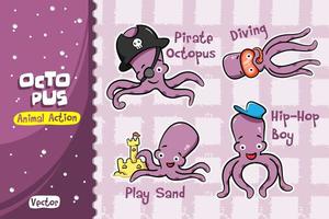 Octopus Cartoon Set. Vector Design of Animal Action