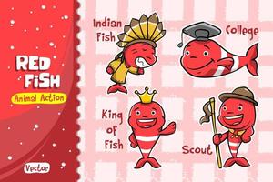 Red Fish Cartoon Set. Vector Design of Animal Action