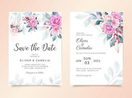 Plantilla de tarjeta de invitación de boda floral acuarela geométrica vector