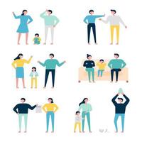 Conjunto de personajes familiares luchando y discutiendo entre sí. vector