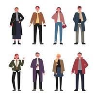 Set of men and women characters wearing autumn clothes. 