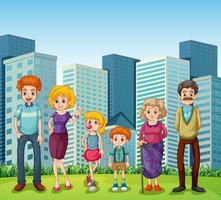 A family in front of the tall buildings in the city vector