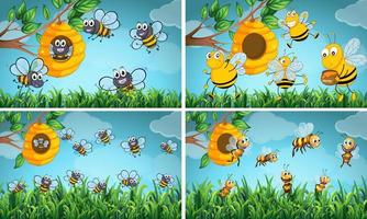 Escenas con abejas y colmena vector