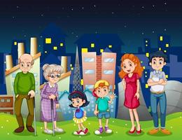 A family at the city standing in front of the tall buildings vector