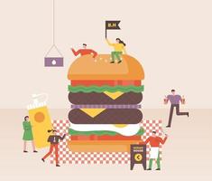 Small people are making huge hamburgers at fast food restaurants.  