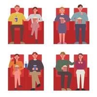 Couples sitting in the red chairs in a theater watching a movie.  vector