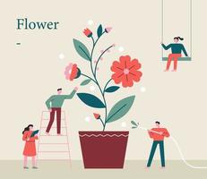 Small people are growing giant flowers together.  vector