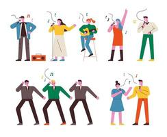 People singing, dancing and playing musical instruments.  vector