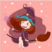 cute witch with a magic stick halloween background in purple dress ride a bloom, flat vector character