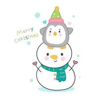 Cute snowmans and penguin cartoon friendship sweet Christmas festival kawaii vector