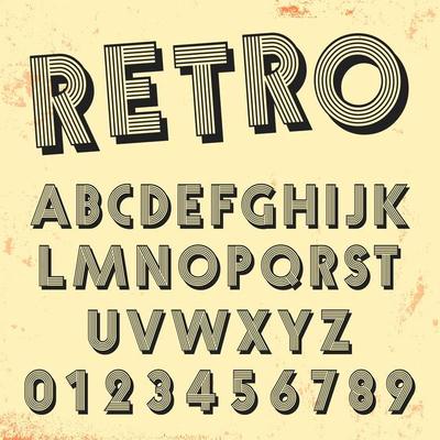 Retro line font template. Set of vintage letters and numbers lines design