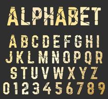 Broken font alphabet. Set of letters and numbers cracked design vector