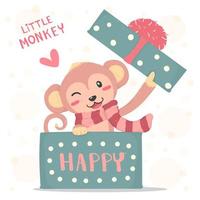 Happy smile little monkey con pañuelo rojo aparece en una caja de regalo vector