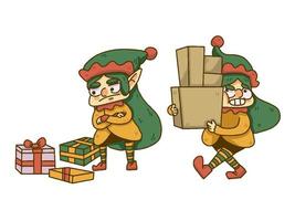 Christmas gnome liftng boxes and dropping presents vector