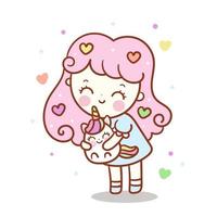 Cute unicorn and little girl, Kawaii animal pastel color lovely character vector