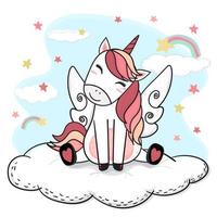 cute drawing happy smile unicorn in pink with angle wing sit on fluffy cloud rainbow and stars vector