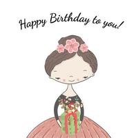 A girl with flowers in her hair holds in her hand a gift decorated with a floral arrangement  vector