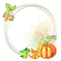 Round gold frame with watercolor pumpkin and leaves vector