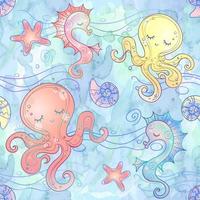 Seamless pattern underwater world of octopus and seahorse. Watercolor vector
