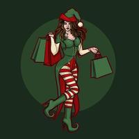 Beautiful Christmas elf girl with gift bags vector