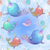 Seamless pattern with cute unicorns whales in watercolor vector