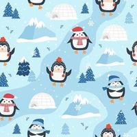 Navidad de patrones sin fisuras con pingüinos e iglúes vector