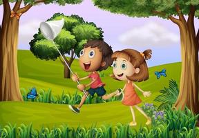 Two kids playing in the forest with a net vector