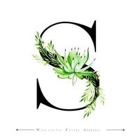 Alfabeto letra S con acuarela cactus y hojas